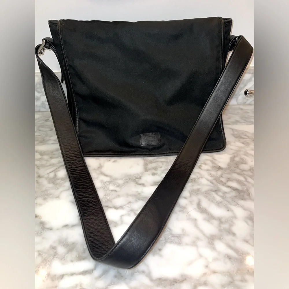 Vintage Coach Black Nylon & Leather Trim Messenger Bag